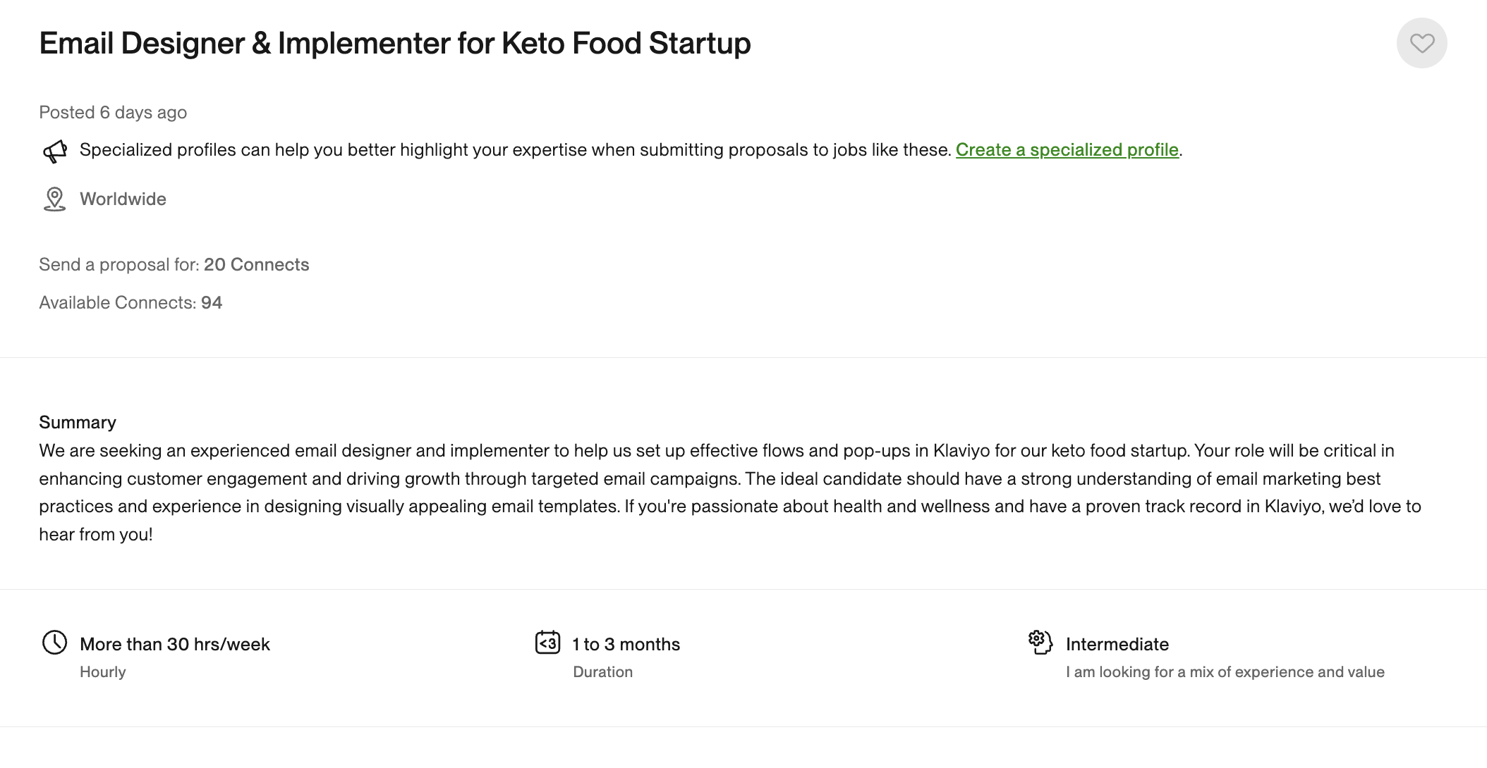 The original job posting on upwork